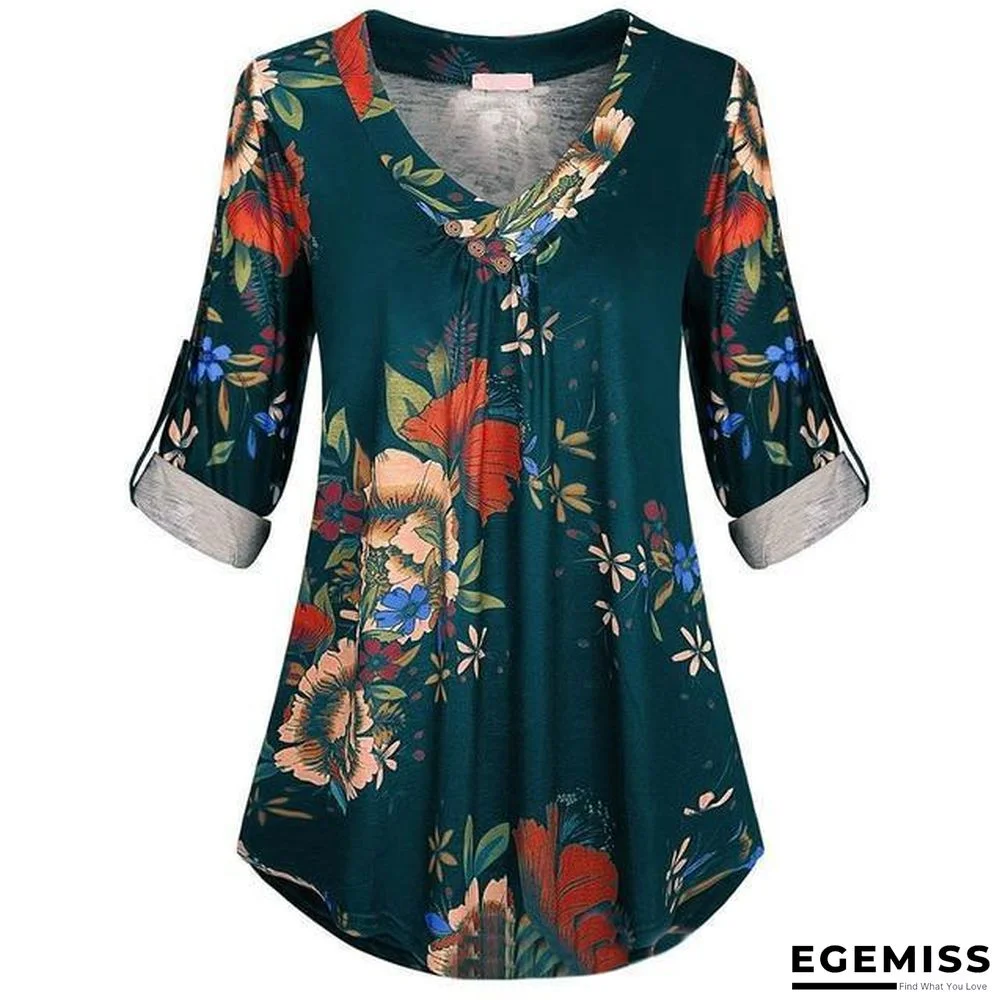 5XL Plus Size Women Tunic Shirt Floral Print V-neck Blouses And Tops | EGEMISS