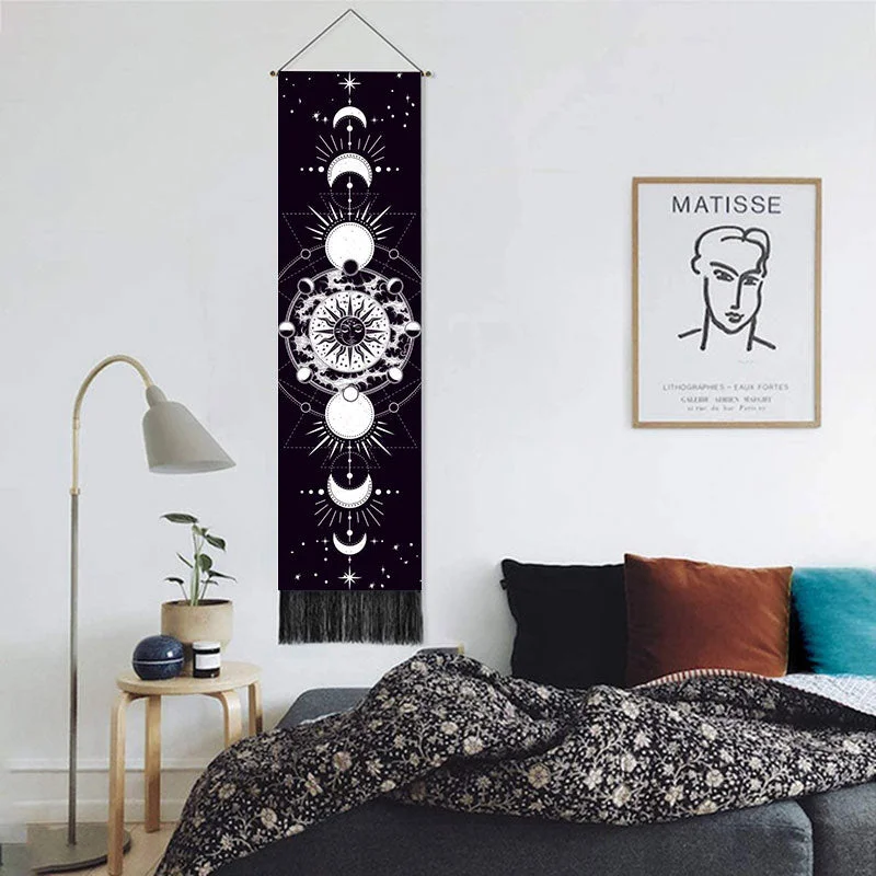 Moon Phases Tapestry Wall Art Hanging Tarot Witchcraft Tapestries HD Printing Sun Moon Tapestry Psychedelic Decor Tassel Carpet