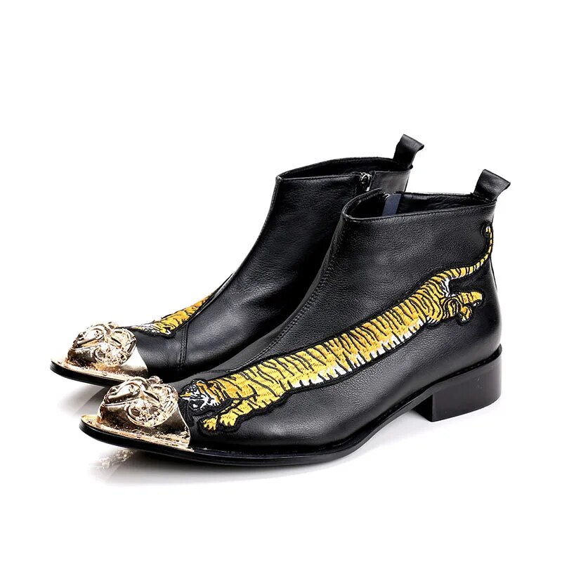 VCSHOES Men Motorcycle Boots Metal Pointed Toe Tiger Embroidery Genuine Leather Boots Party Men Ankle Boots