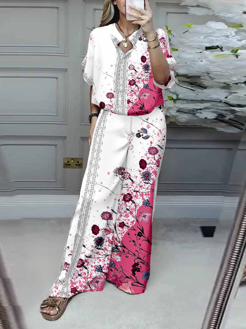 Women Floral,Pink,Blue DZDL1198 V-neck Short Sleeve Blouse and Pants Set