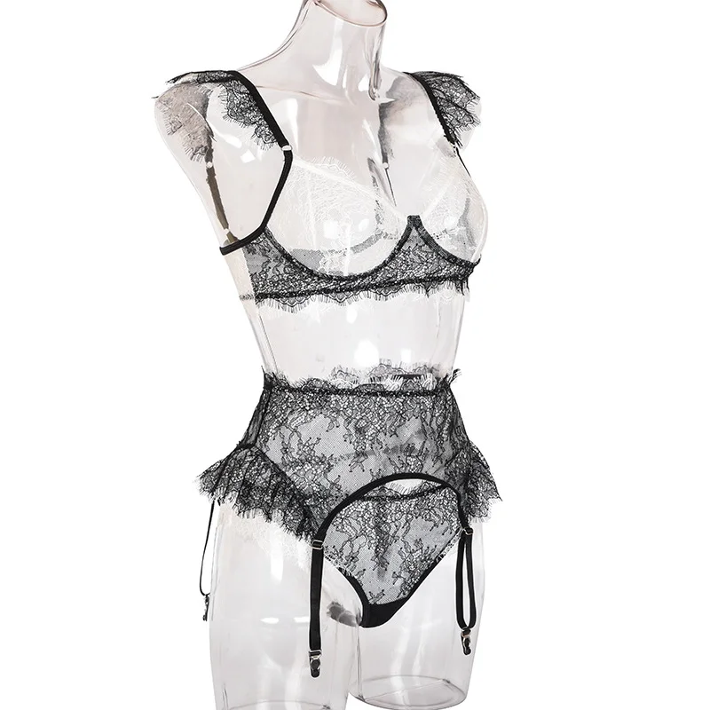 Billionm Women Lingerie Lace Bralette Set 3 Pieces Tassels Transparent Bra and Underwear Sets Sexy See Through Langerie Underwear for Sex