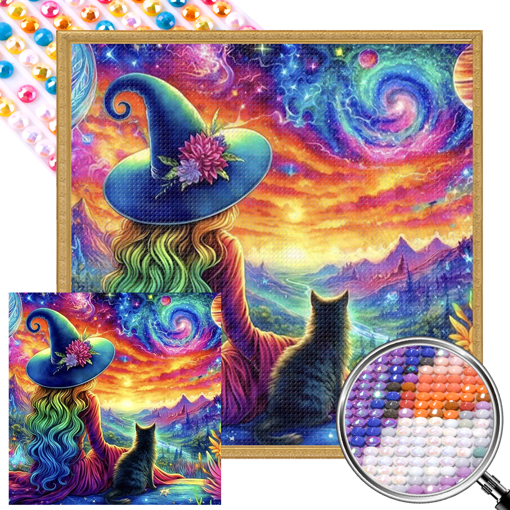 Witch And Black Cat 50*50cm(picture) full round drill diamond painting with 3 to 5 colors of AB drills
