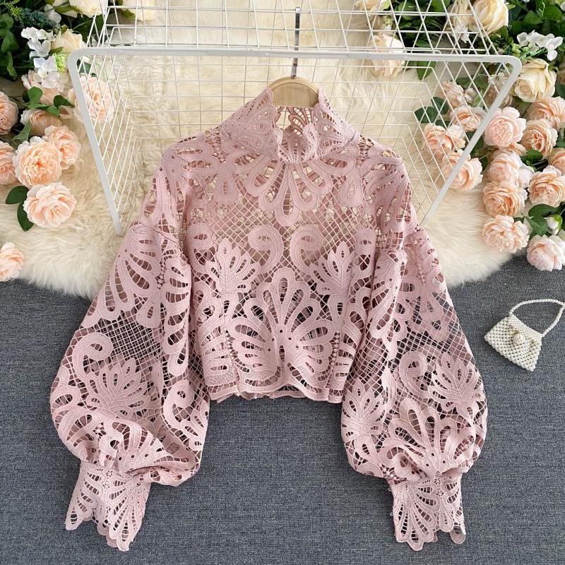 Casual Lantern Long Sleeve Stand Collar Shirts Sexy Lace Hollow Out Short Blouse Female Elegant Red/Pink/White Loose Tops 16231