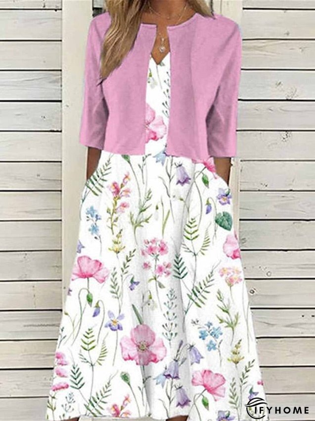 Two Piece Dress Set Casual Dress Print Dress Outdoor Daily Fashion Elegant Pocket Print Midi Dress V Neck Half Sleeve Floral Regular Fit Pink Blue Summer Spring S M L XL XXL for Women | IFYHOME