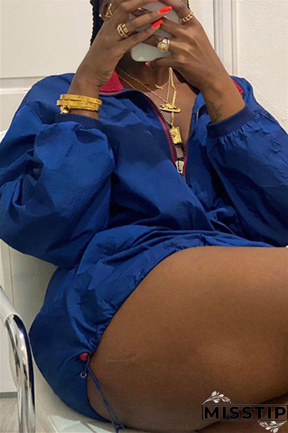 Deep Blue Fashion Casual Solid Patchwork Zipper Collar Long Sleeve Dresses