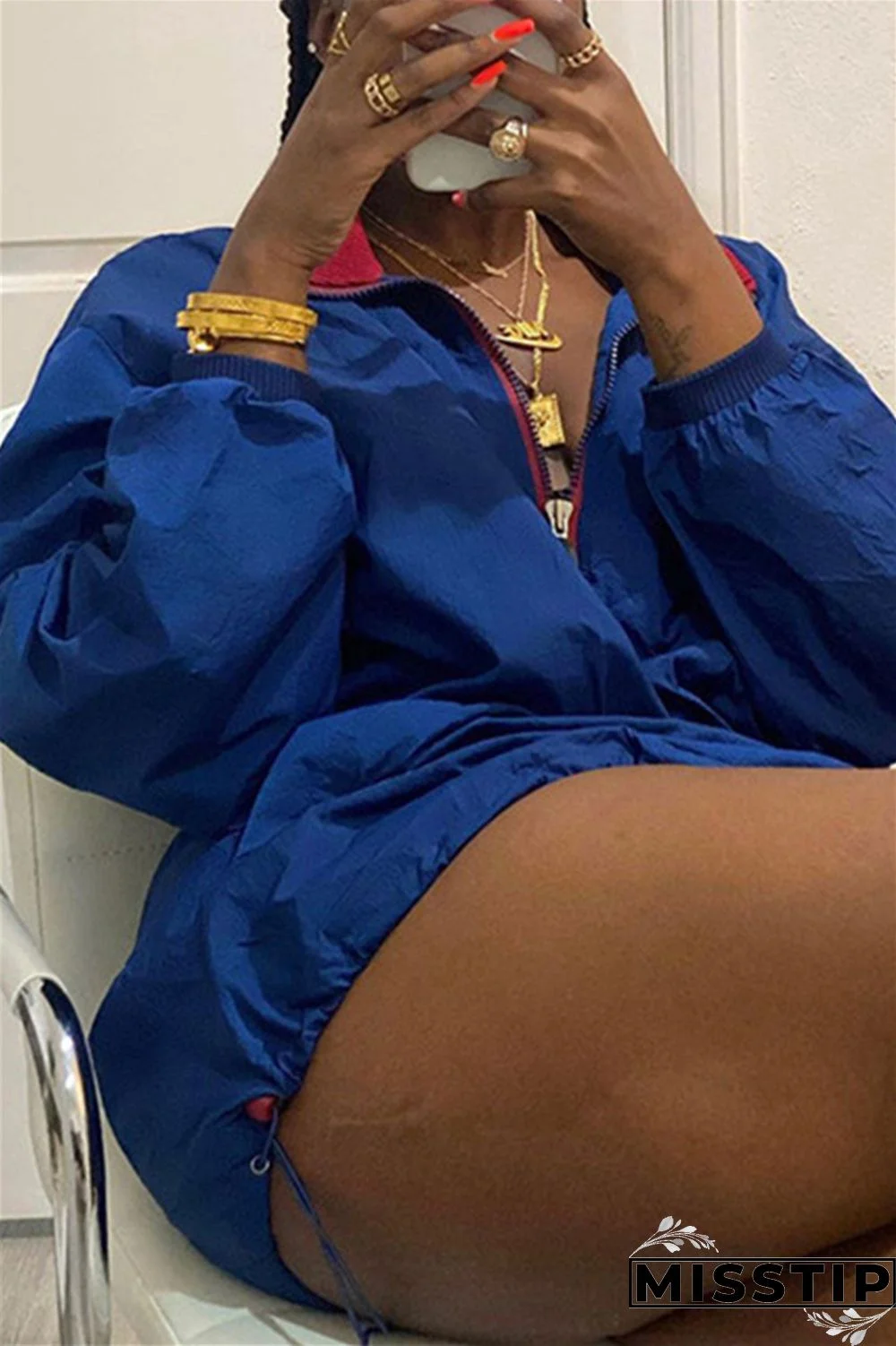 Deep Blue Fashion Casual Solid Patchwork Zipper Collar Long Sleeve Dresses