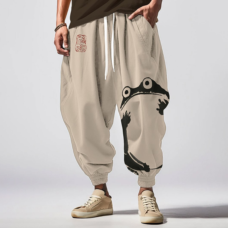 Comstylish Men's Vintage Japanese Frog Print Loose Drawstring Waist Sweatpants