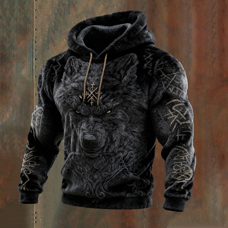 Men's Viking Vegvisir Wolf Runes Art Cozy Gradient Flannel Hoodie elevenforest