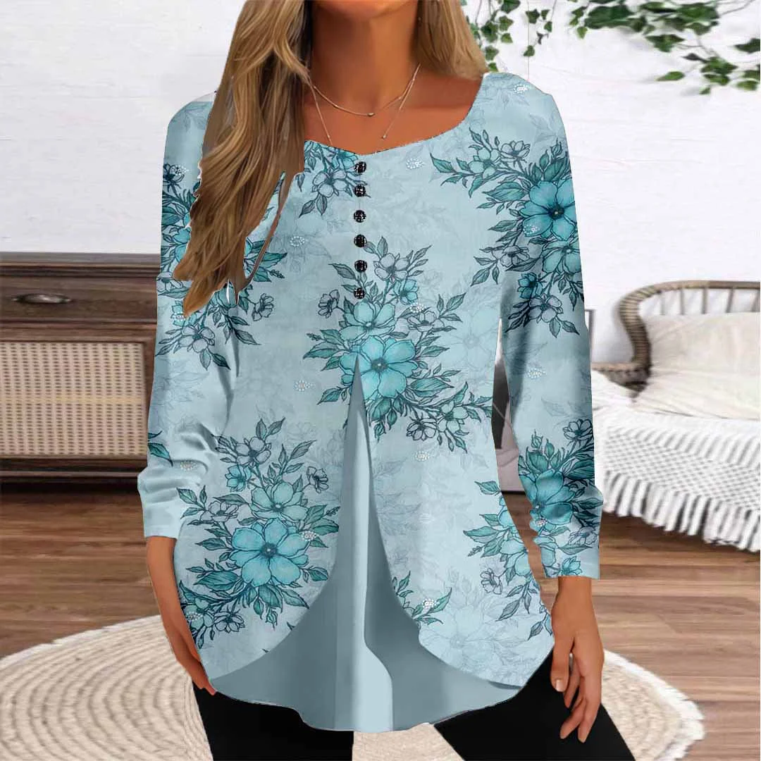 Women Floral,Blue DZGG8363 Long Sleeve Scoop Neck Printed Graphic Button Fake 2in1 Tops