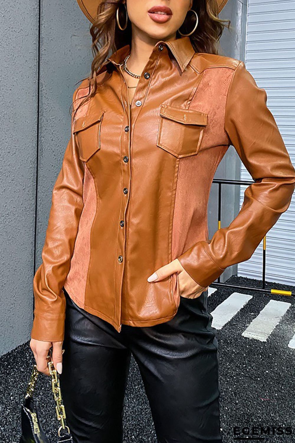 Brown Fashion Street Solid Patchwork Pocket Buckle Turndown Collar Outerwear | EGEMISS