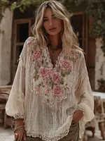 Women's Vintage Pink Floral Art Print Flowy Linen Blend Casual V Neck Tops