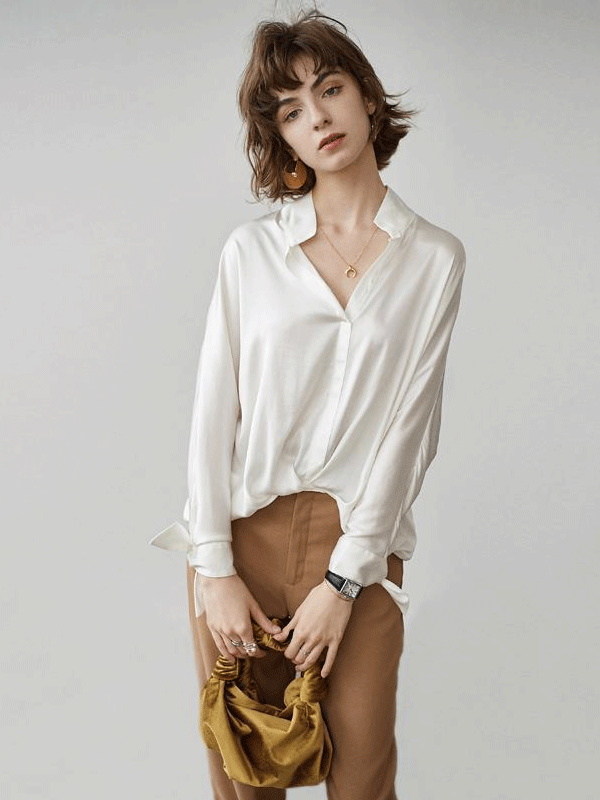 Women White Relaxed Fit Stand Collar Silk Shirt