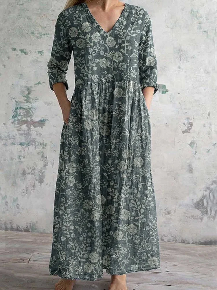 Women's 3/4 Sleeve V-neck Graphic Printed Midi Dress