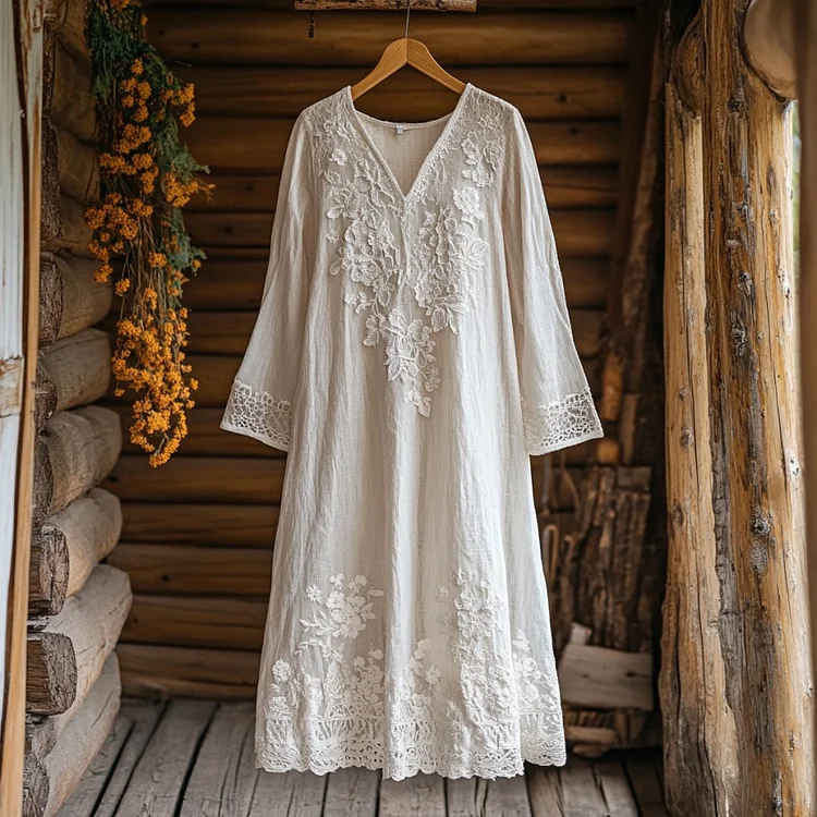 Women's Retro Lace Floral Embroidery Art Mixi Dress