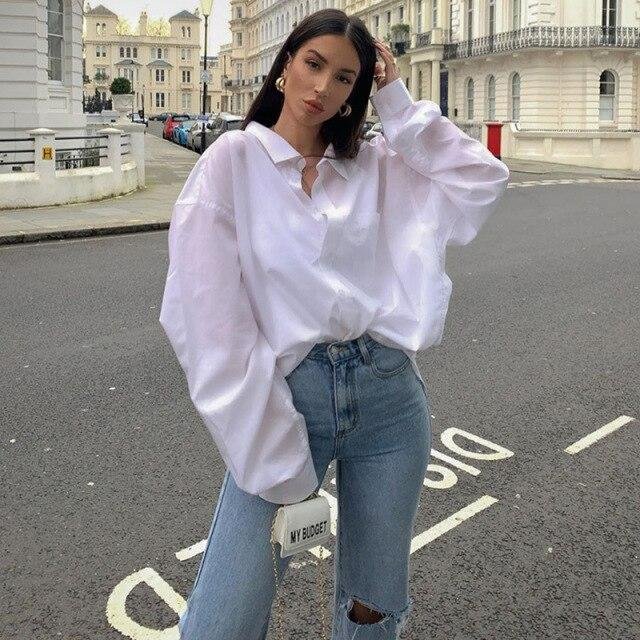 Oversize Shirts White Button Up Shirt Blouse Loose Long Sleeve Tunic Office Tops Casual Women Top Autumn Cotton Mujer Streetwear - Shop Trendy Women's Fashion | TeeYours