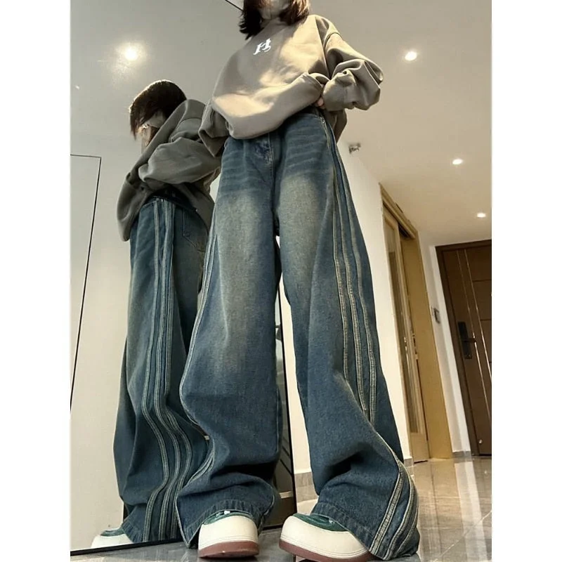 Sonicelife 2023 Autumn New Fall Outfits Fashion Side Stripe Design Micro Flared Jeans Women Winter High Waist Loose Slim Wide Leg Jeans Female Ins Trend