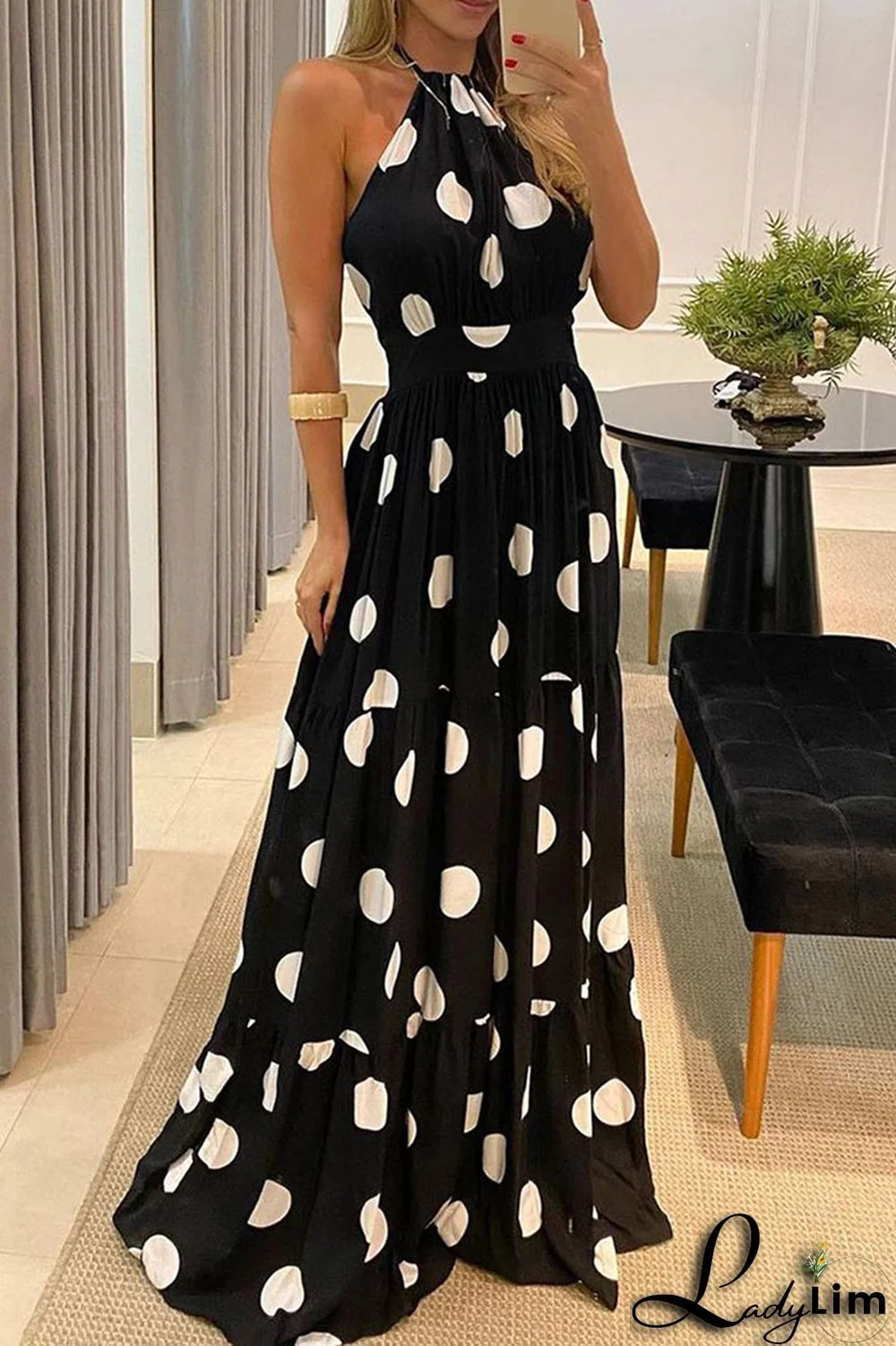 Green Casual Sweet Print Polka Dot Patchwork Backless Halter Straight Dresses