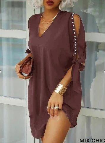 Skirt V-Neck Short Sleeve Solid Color Loose Dress Black Dresses