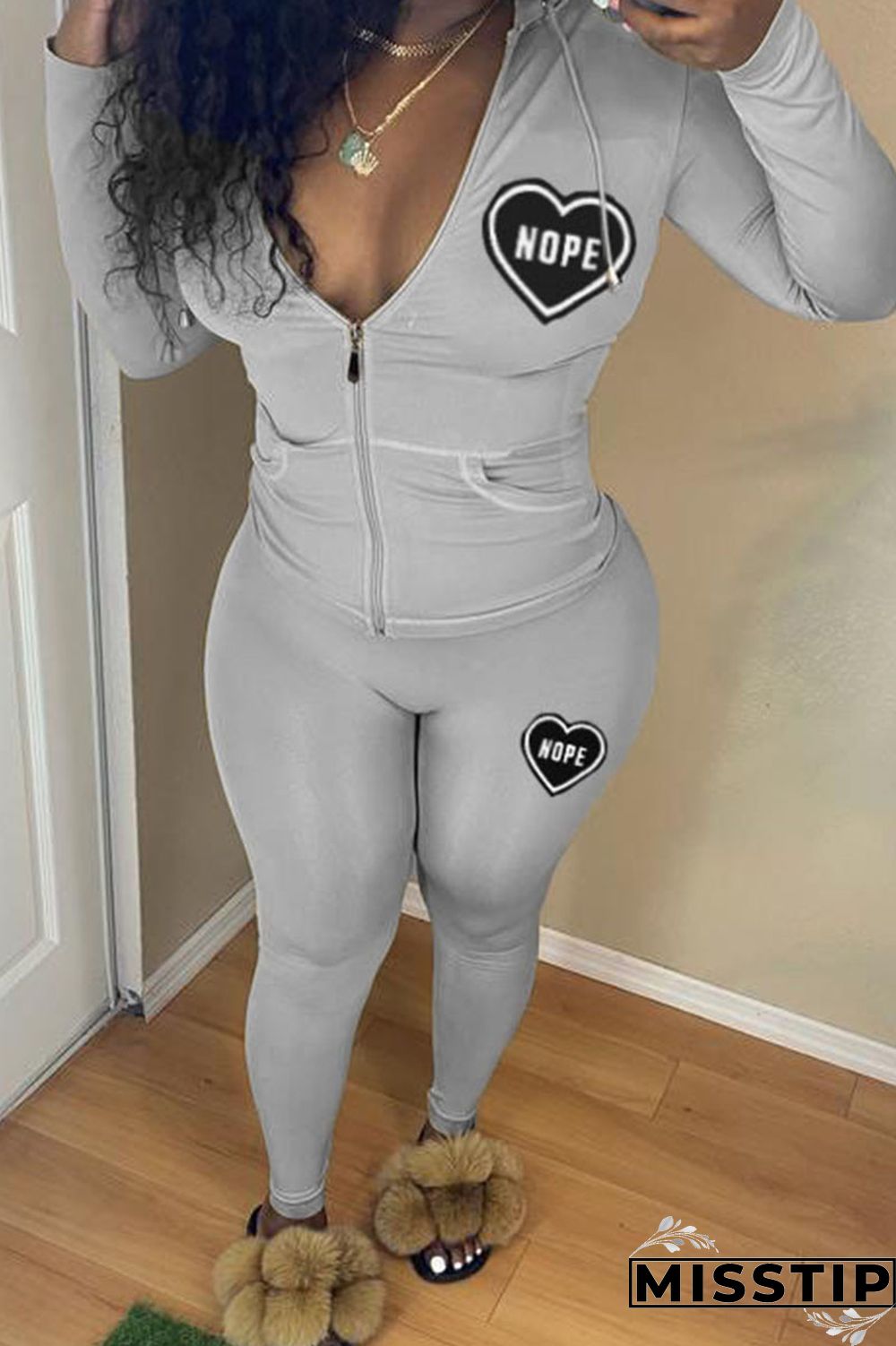 Grey Casual Print Patchwork Zipper Hooded Collar Long Sleeve Two Pieces