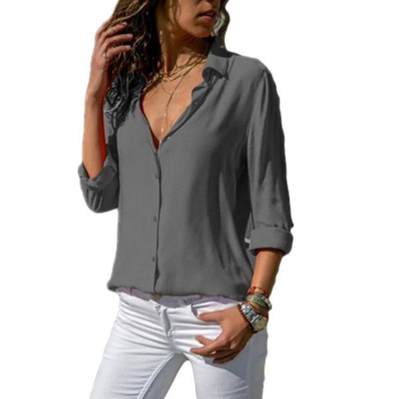 Gentillove Elegant Long Sleeve Oversized Solid V-Neck Chiffon Blouse Summer Women Tops Female Office Shirts Casual Regular