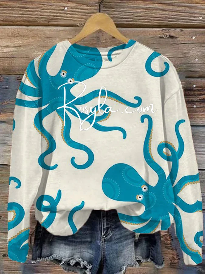 Women's Octopus Floral Print Long Sleeve Crewneck Sweatshirt_07