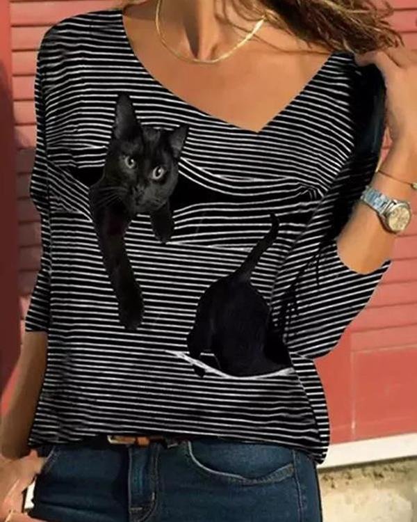Cartoon Cat Striped V-neck Long Sleeve T-shirt - Chicaggo