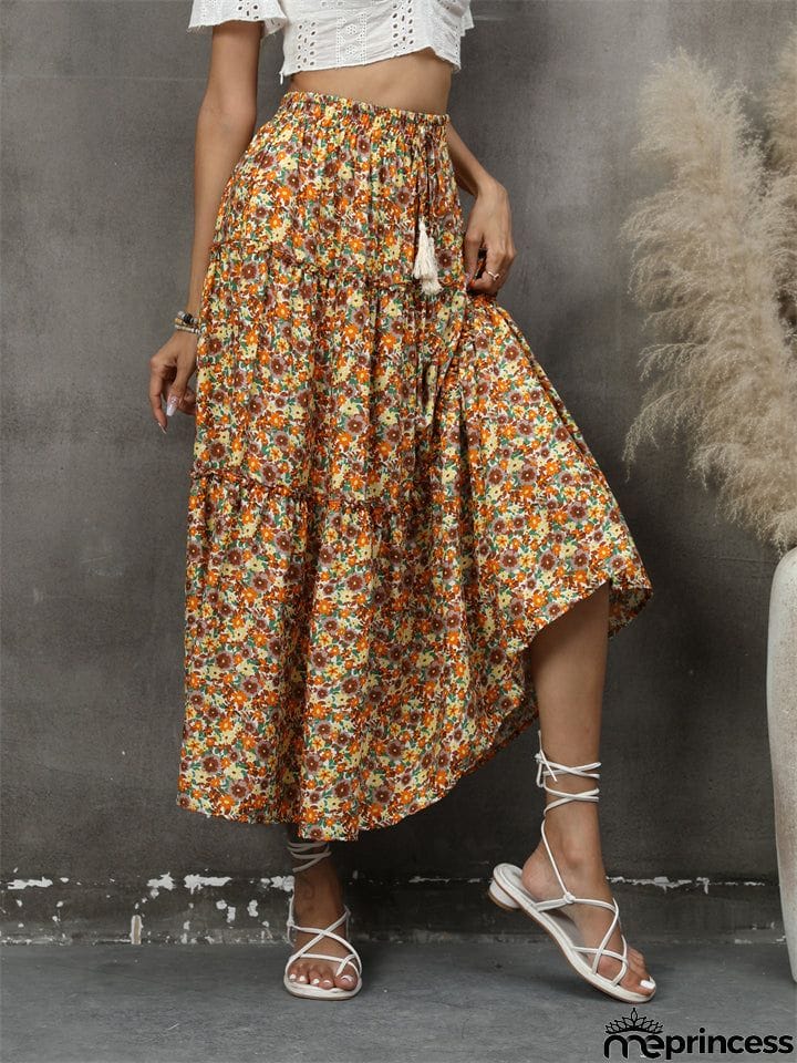 Bohemian Style Lady Spring Summer Flowers Print Beach Holiday Skirt