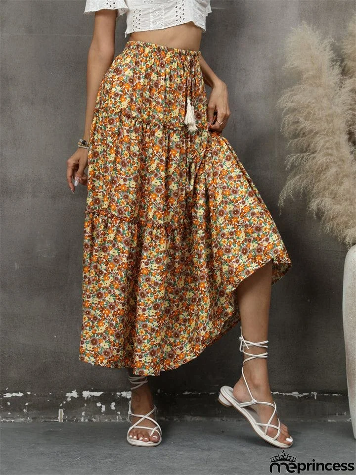 Bohemian Style Lady Spring Summer Flowers Print Beach Holiday Skirt