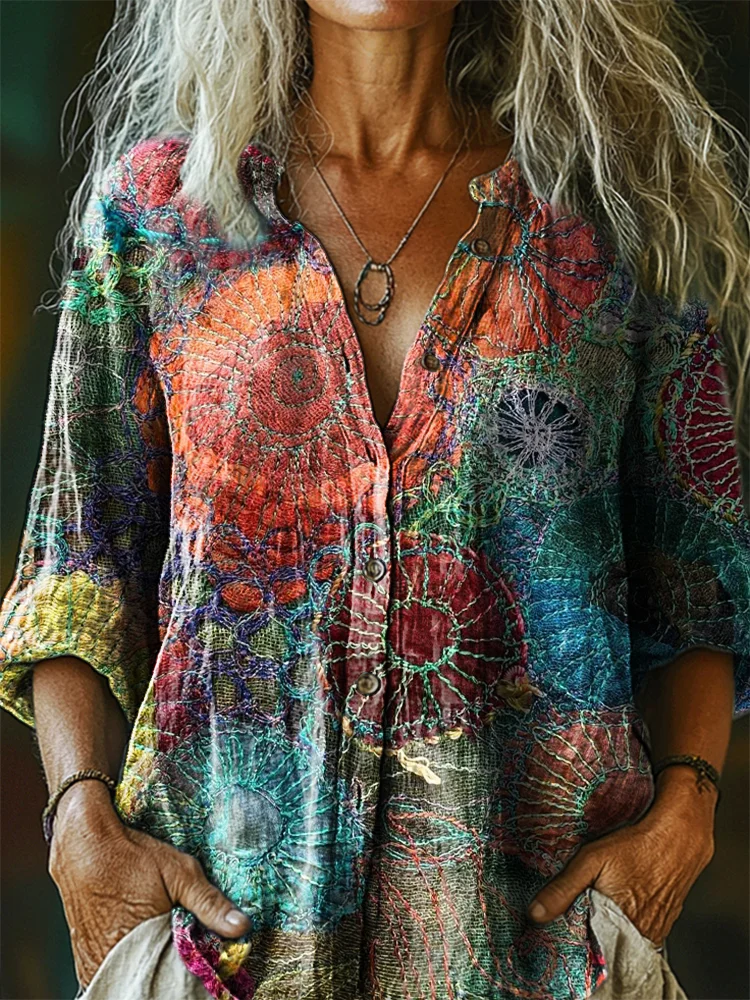 Women's Bohemian Floral Collage Art Print Casual Cotton Linen Shirt