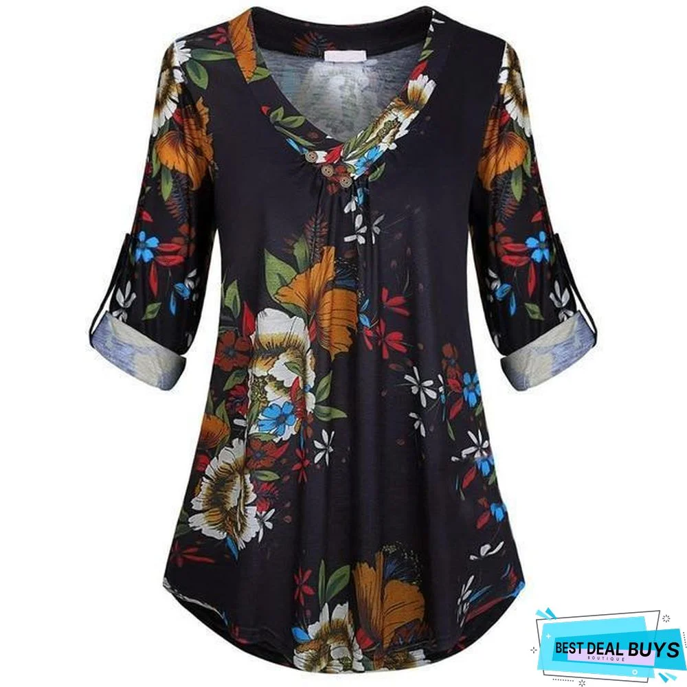 Plus Size Women Tunic Shirt Floral Print V-neck Blouses and Tops