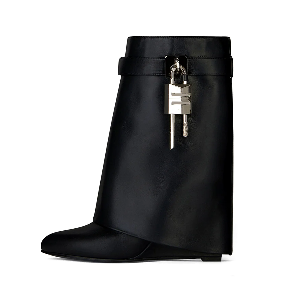 Women Round-Toe Large-Leg Lock-Buckle Shark-Buckle Straight Mid-Length Wedge-Heeled Calf Boots for Women Novameme
