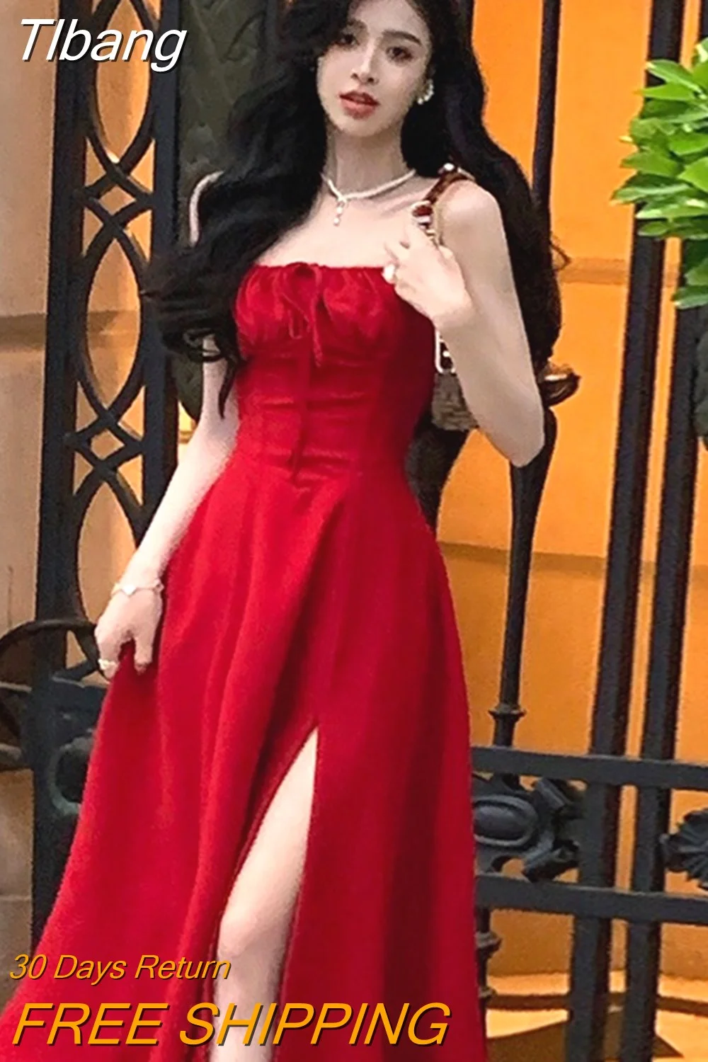 Tlbang Elegant White Strap Midi Dress 2023 Summer New Casual Evening Party Dress Women Beach Sleeveless Lace-up Red Dress Korean