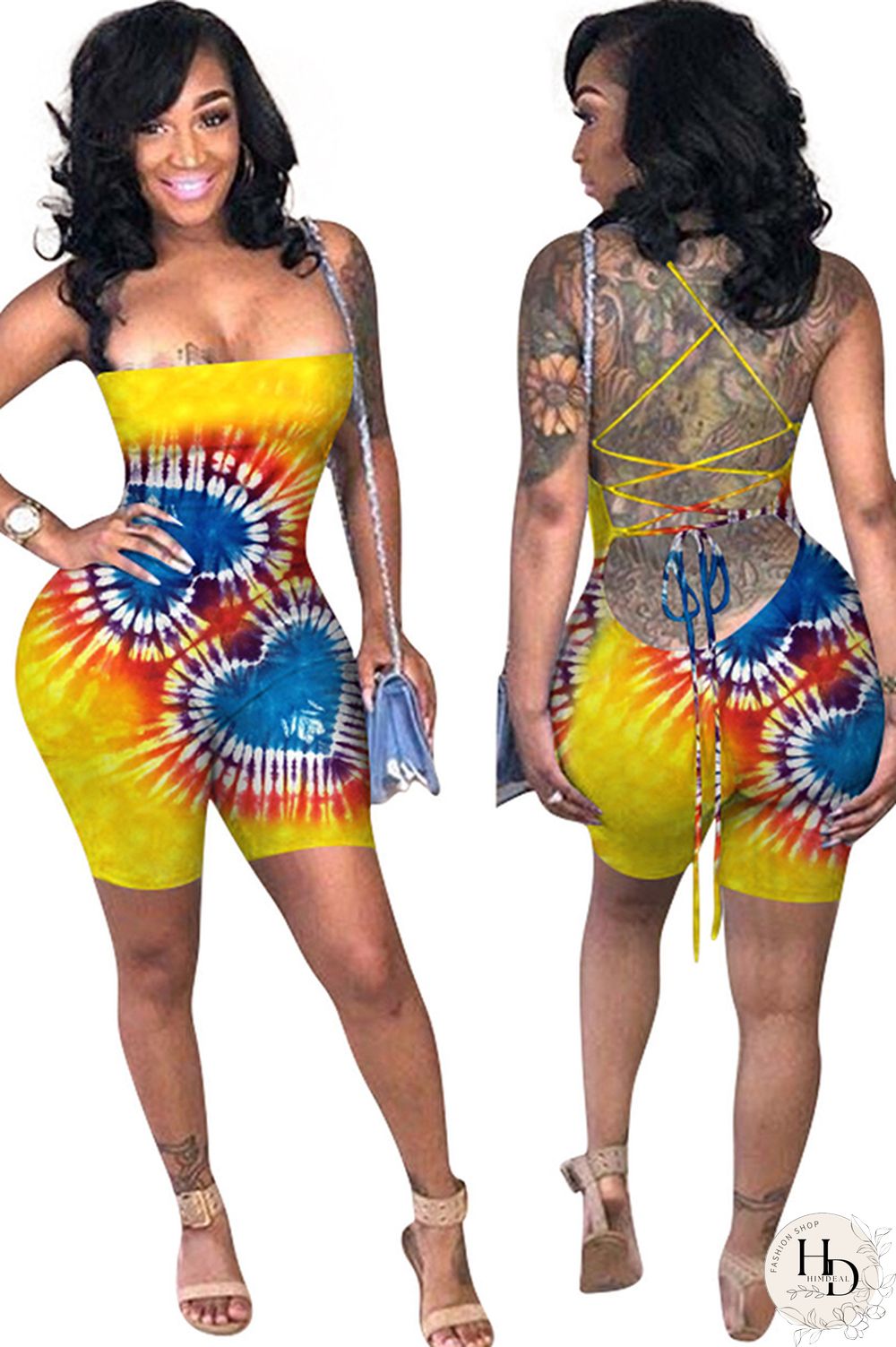 Yellow Fashion street Print Polyester Sleeveless Wrapped Jumpsuits