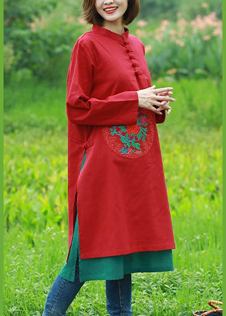 Women Red Embroidery Quilting Clothes Stand Collar Long Spring Dress