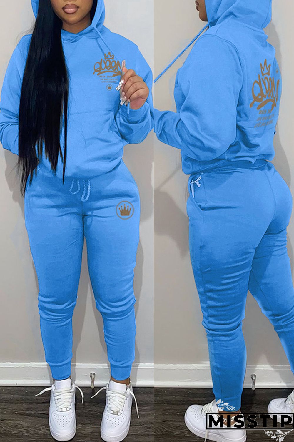 Blue Casual Print Patchwork Hooded Collar Long Sleeve Two Pieces