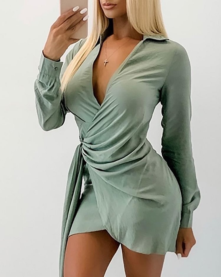 Plain Wrap Ruched Long Sleeve Shirt Dress - Shop Trendy Women's Clothing | LoverChic