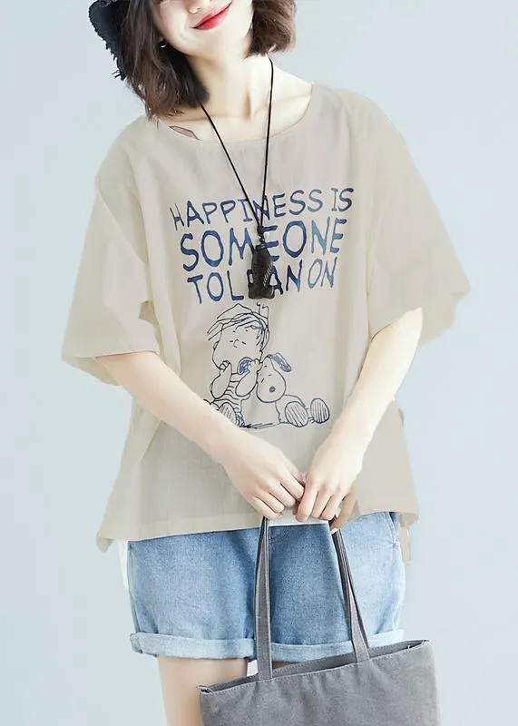 Simple white print linen clothes Fabrics o neck baggy blouse