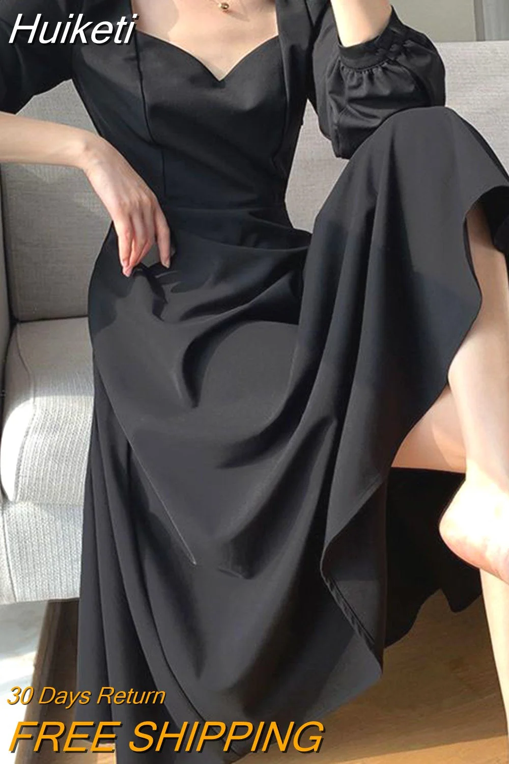 Huiketi Hepburn Style Dress Women Fashion Fall Vintage Draped Lantern Long Sleeve Dress Elegant Black Knee Length Female Vestidos