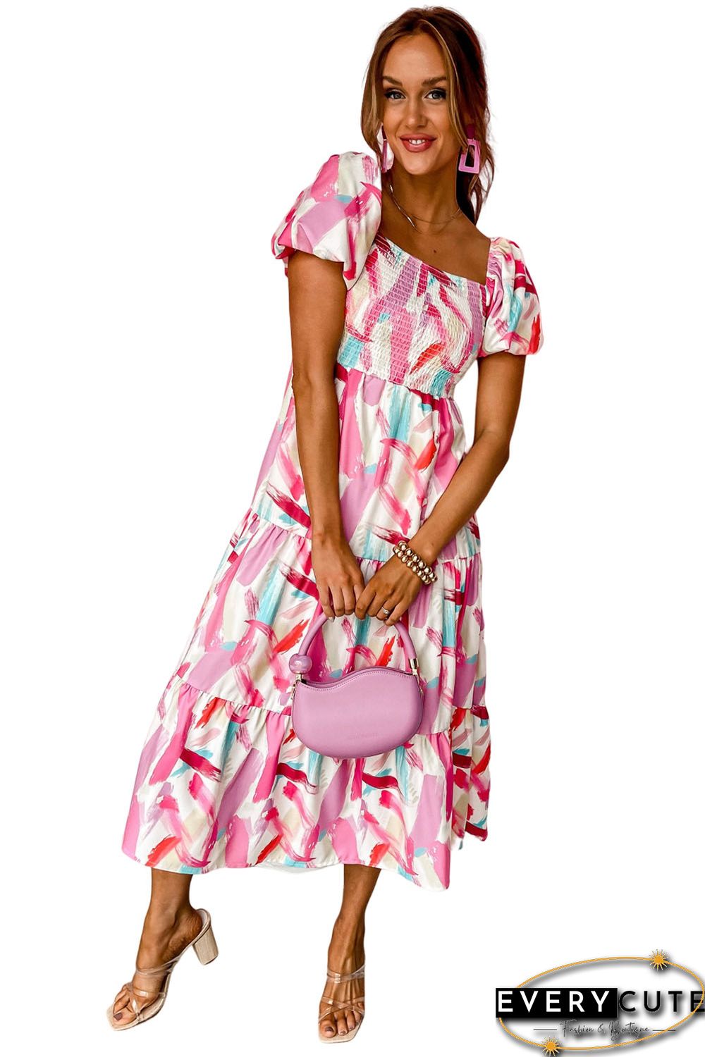 Pink Brush Stroke Printed Smocked Ruffle Tiered Dress