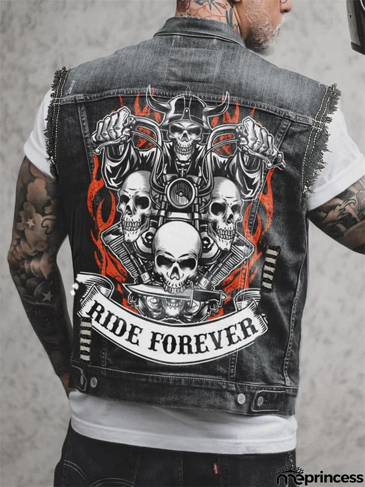 Black Punk Style Skull Flame Print Denim Vest for Men