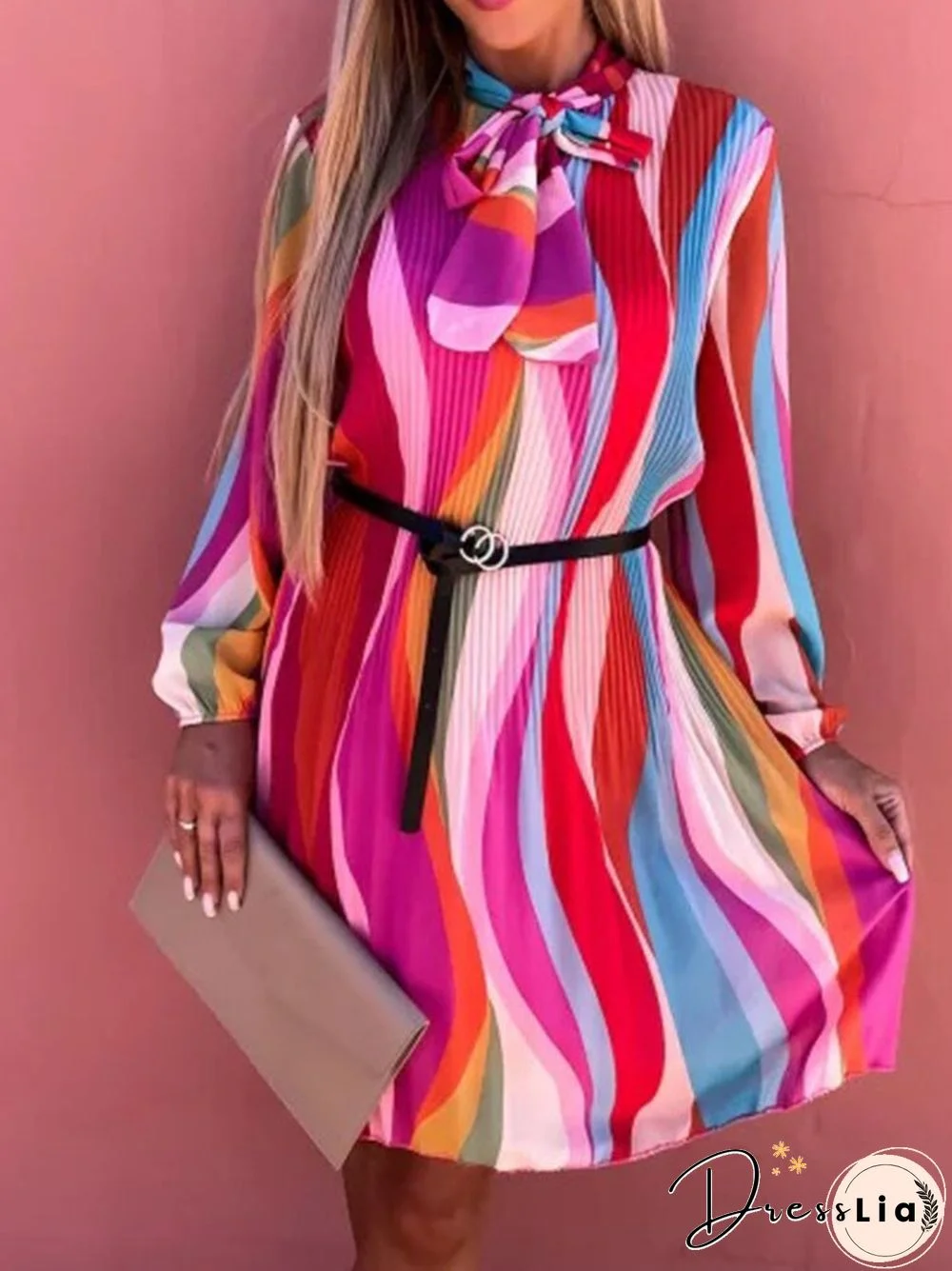 Vintage Colorful Patchwork Short Dress Elegant O-Neck Bow Lace-up Pleat Boho Dress Women Casual Long Sleeve Loose Party Dresses
