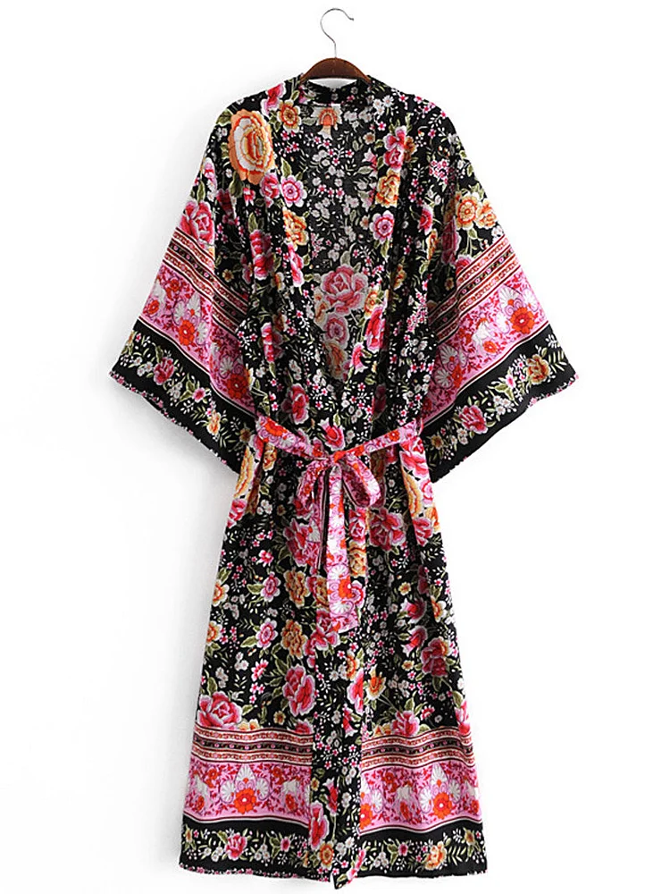 Boho Black Floral Printed Half Sleeve Long Gown Kimono