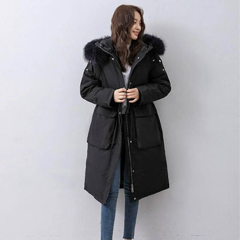 FTLZZ Winter Artificial Fur Hooded Long Jacket 90% White Duck Down Coat Big Pocket Parkas Loose Warm Jackets Yellow Snow Outwear