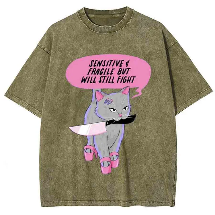 Sensitive Cat Unisex Printed Retro Washed Short Sleeved T-Shirt