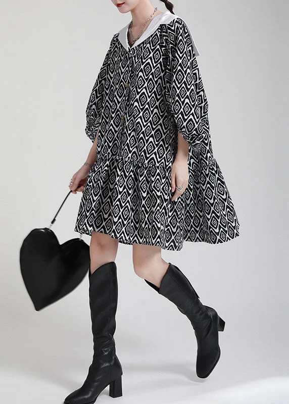 Plus Size Black Button Patchwork asymmetrical design Puff Sleeve Fall Dresses