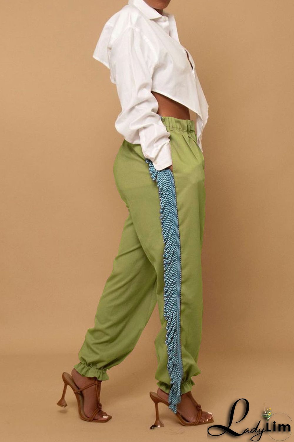Green Casual Solid Tassel Patchwork Loose High Waist Pencil Solid Color Bottoms