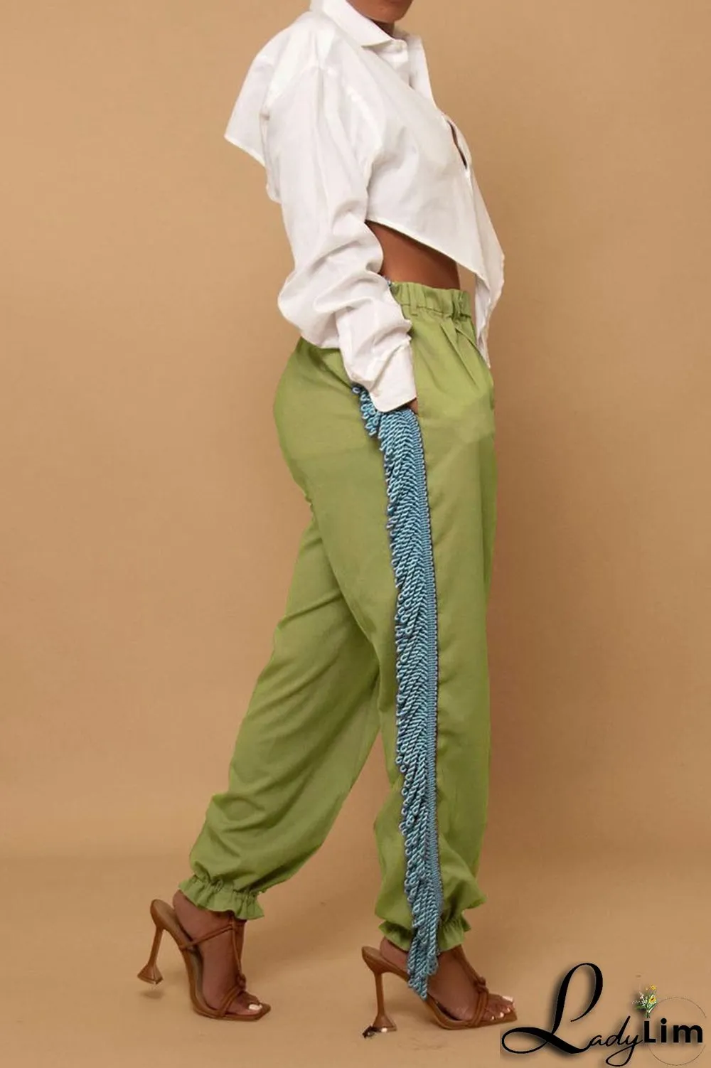 Green Casual Solid Tassel Patchwork Loose High Waist Pencil Solid Color Bottoms