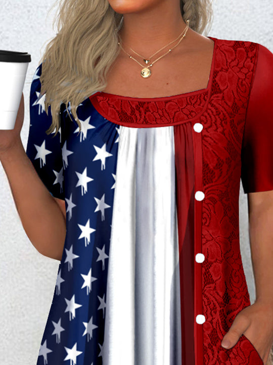 Women's Short Sleeve Scoop Neck Graphic Star Printed Lace Tops