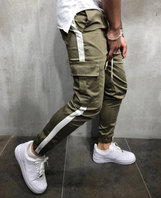 Patched Pocket Side Striped Drawstring Casual Cargo Pants