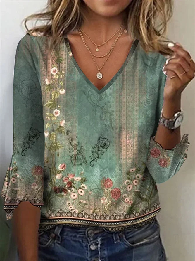 Women's Floral Printed V-Neck Long Sleeve Top